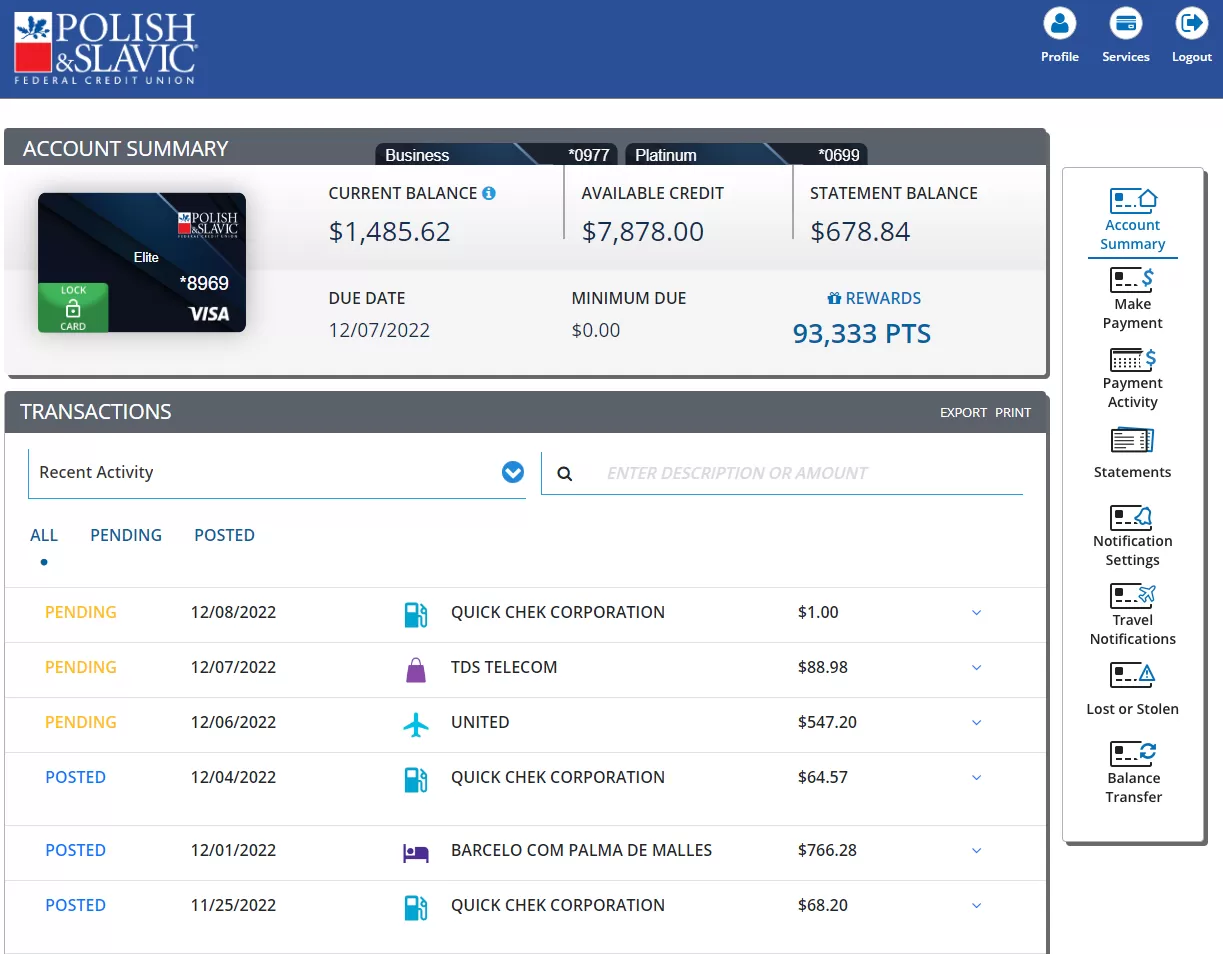 New look of the Credit Card management site